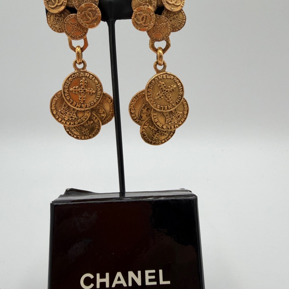 CHANEL Gold Metal Coin Medallion Drop Earrings, Signed 28 - Picture 3 of 14